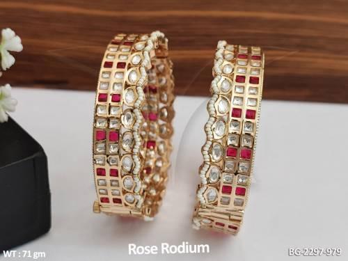 Rose Rodium Polish Full Kundan Wedding Wear Designer 2 Pc Kundan Bangles Set 