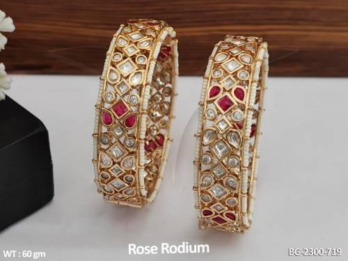 Beautiful Kundan Stones Rose Rodium Polish Fancy Style Kundan Bangle Set 