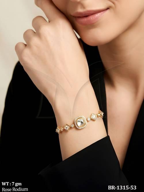 Premium Rose Rodium Oval Kundan Bracelet