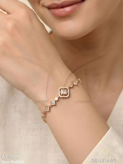 Rose Rodium Square Kundan Bracelet with White Stones