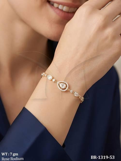 Designer Rose Rodium Pear Cut Kundan Bracelet for Women