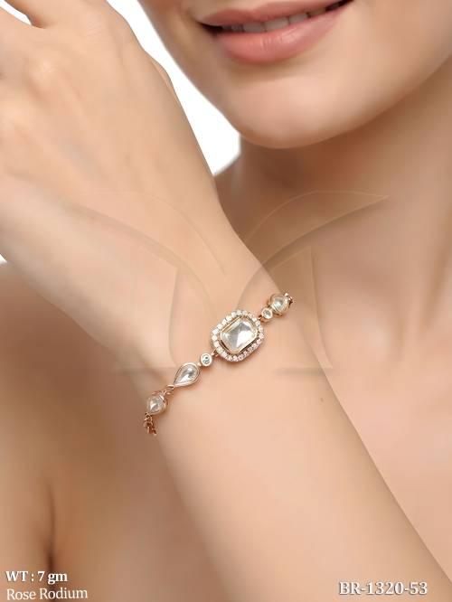 Premium Rose Rodium Kundan Bracelet for Women