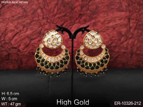 High Gold Polish Fancy Beautiful Chand Shape Wedding Wear Full Kundan Earring 