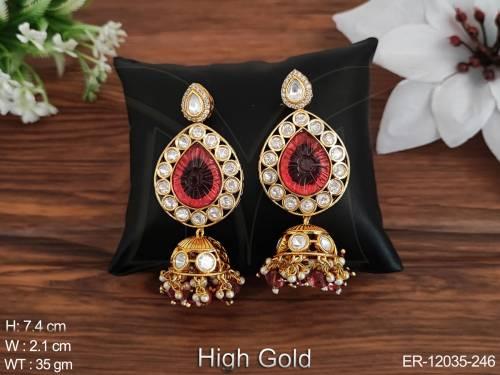 Kundan Jewelry High Gold Polish Designer Party Wear Kundan Jhumka Earrings