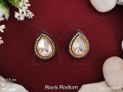 Kundan Jewelry Black Rodium Polish Party Wear Fancy Design Kundan Tops Studs Earrings
