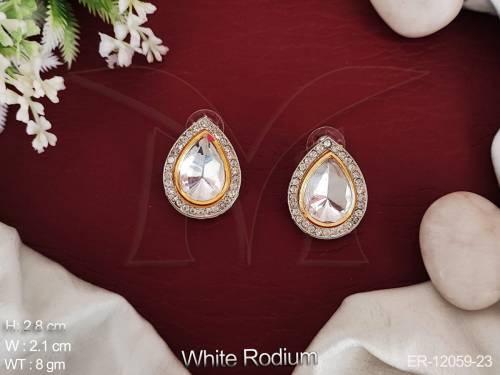 Kundan Jewelry White Rodium Polish Designer Party Wear Fancy Style Kundan Tops Studs Earrings