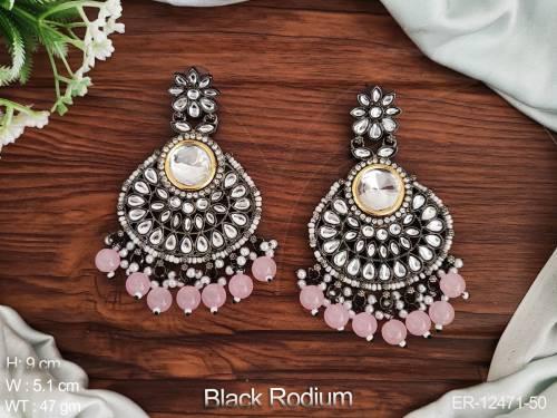 Clustered Pearl Black Rodium Polish fancy Desing Kundan Stones Kund Long Dangler Earring