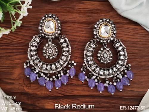 Fancy Style Party wear Beautiful-kundan-stones-kundan-jewellery-designer-black-rodium-polidh-long-kundan-earring-