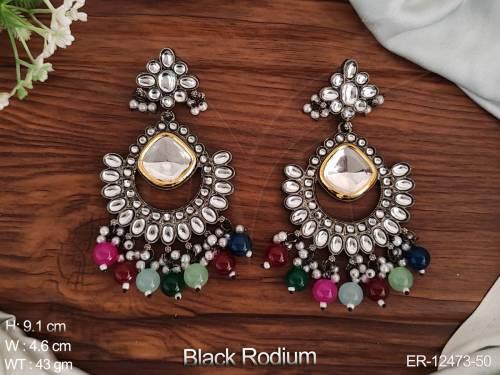 Black Rodium Clustered Pearl Clustered Pearl Kundan Stones Kundan Jewellery Long Dangler Earring 
