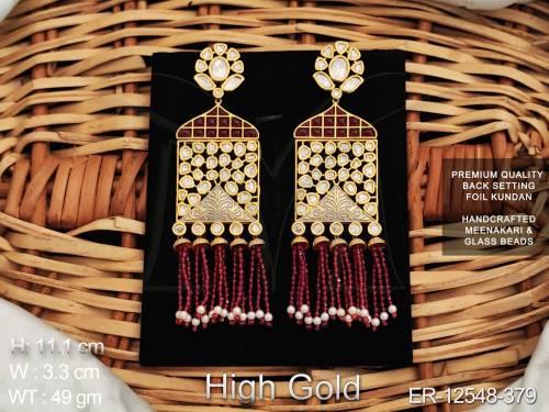 Premium Quality Foil Kundan Jewellery High Gold Polish Designer Handcrafted Meenakari Design Glass Beads Kundan Long Dangler Earrings 