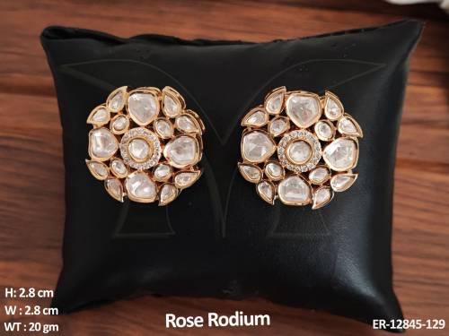 Kundan Jewellery Rose Rodium Polish Party Wear Kundan Tops Studs Earrings Set