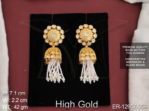 Fancy Style Party wear Beautiful Kundan Stones high Gold Polish Meenakari Glass Beads Kundan Earring  