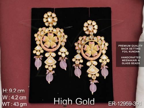 Kundan Stones Fancy Style High Gold Polish Beautiful  Meenakari  Glass Beads Earring