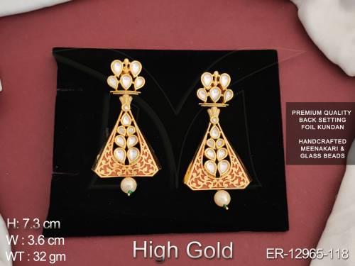 Premium Quality Foil Kundan Jewellery High Gold Polish Clusterpearls Handcrafted Meenakari Design Glass Beads Kundan Earrings 