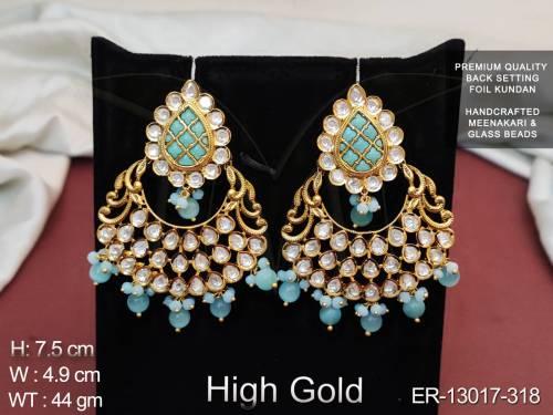 High Gold Polish Meenakari Glass Beads Fancy Style Long Kundan Earring