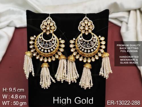 Fancy Style Kundan Stones High Gold Polish Meenakari Glass Beads Long Earring   
