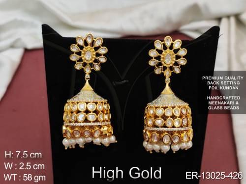 Kundan Stones High gold Polish Fancy Design Glass Beads Meenakari Desinger Kundan Earring 
