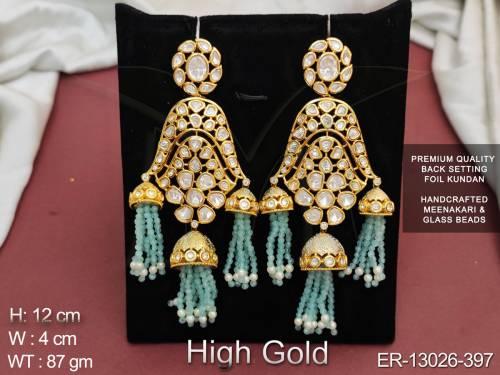 Glass Beads Kundan Stones High Gold Polish Beautiful Meenakari Long Dangler Kundan Earring