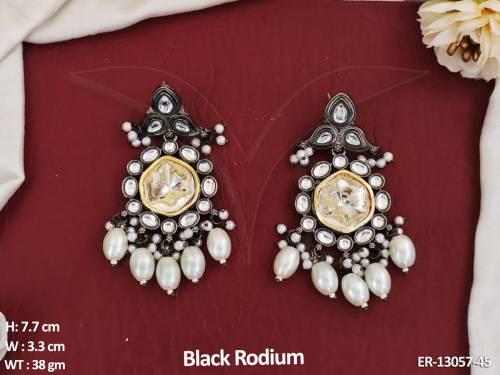 Kundan Stones Fancy Design Black Rodium Polish Kundan Dangler Earrings 