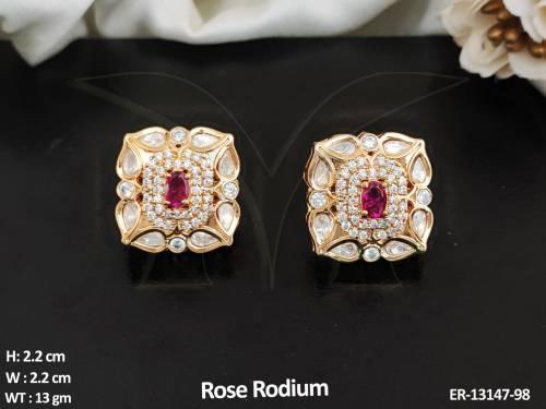 Full Stone Kundan Jewellery Rose Rodium Polish Kundan Tops Studs Earrings
