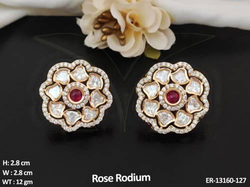 Full Stone Kundan Jewellery Rose Rodium Polish Party Wear Kundan Tops Studs Earrings