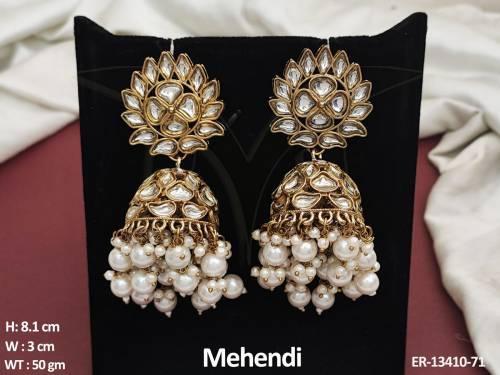mehendi-polish-designer-wear-clustered-pearl-fancy-style-kundan-jhumka-earrings