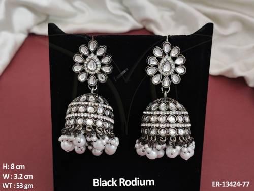 North style designer wear black rodium polish party wear kundan jhumka earrings 