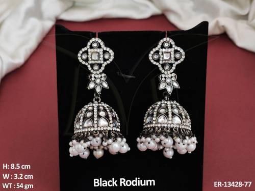 black-rodium-polish-fancy-design-clustered-pearl-party-wear-kundan-stones-kundan-jhumka-earring-
