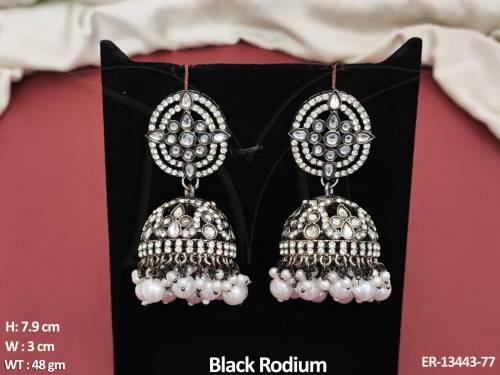 Clustered Pearl Designer Kundan Stones Black Rodium Polish Kundan Jhumka Earring  