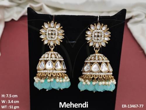 mehendi-polish-fancy-style-party-wear-kundan-stones-clustered-pearl-designer-jhumka-earring-
