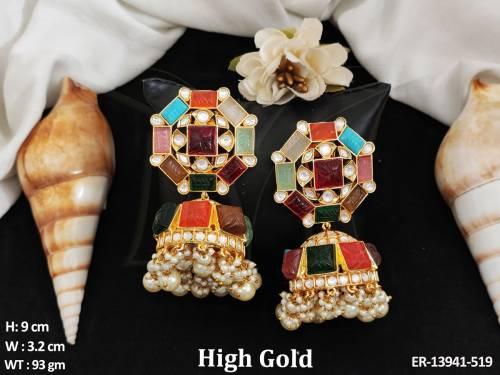 Clustered Pearl Designer High Gold Polish Beautiful Party wear Fancy Style Kundan Stones Kundan Jhumka Earring  