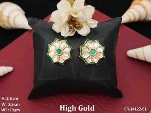 High Gold Polish Fancy design Party Wear Kundan Stud Tops Earrings