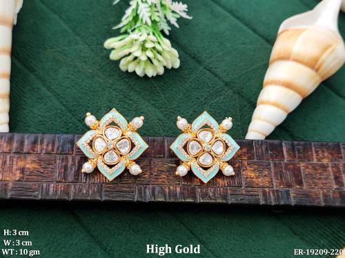 High Gold Kundan Blue Meena Stud Earrings