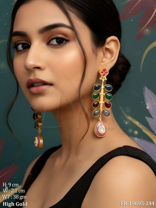 Traditional High Gold Party Wear Earrings Multicolor Kundan Long Drop Earrings