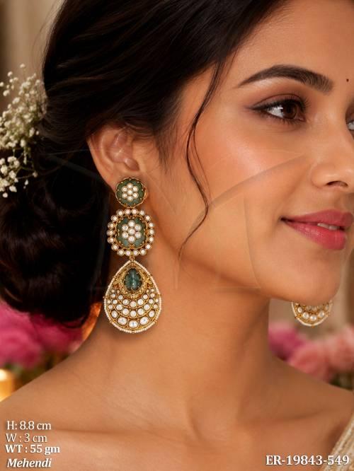 Designer Mehendi Gold Full Stone Kundan Earrings