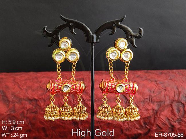 Designer Antique Fancy style High Gold Polish white stones Party wear Long Earring