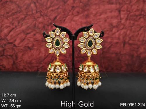Party wear Designer High Gold Polish Kundan Jhumka Earring  