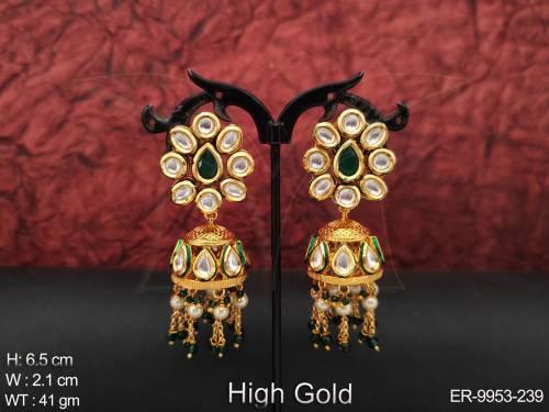 High Gold Polish Kundan Stones Party wear Jhumka Earring