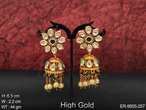Kundan Stones Beautiful Designer High Gold Polish Party wear Jhumka Earring