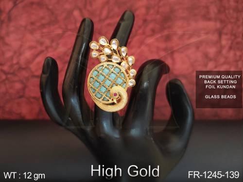 Full Kundan Stones Glass Beads High gold Polish Designer Finger Ring 