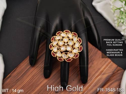 Party Wear High Gold Polish Beautiful Fancy Style Handcrafted Kundan Finger Ring