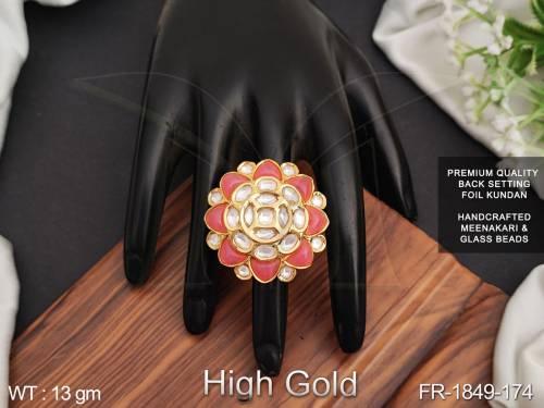 High Gold Polish Fancy Desing Party wear Kundan Jewellery Glass Beads Designer Fnger Ring  