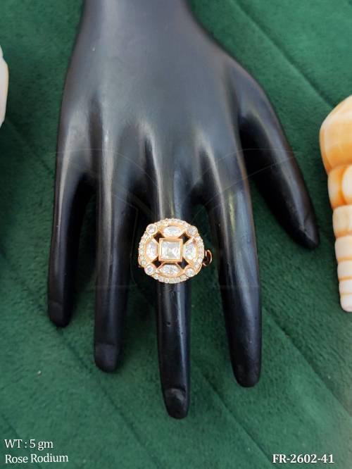 Stylish Rose Gold Kundan Ring with AD Stones