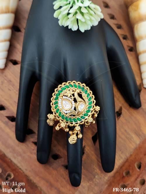 High Gold Polish Kundan Peacock Designer Finger Ring — FR-3465-78