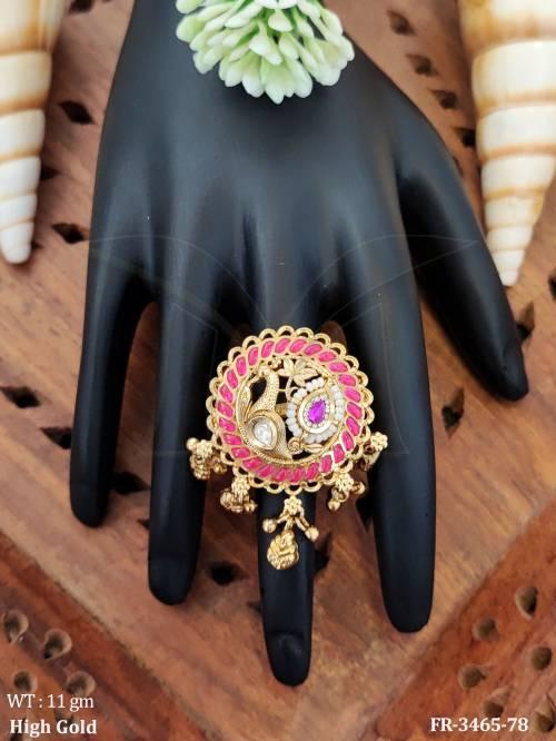High Gold Polish Kundan Peacock Designer Finger Ring — FR-3465-78