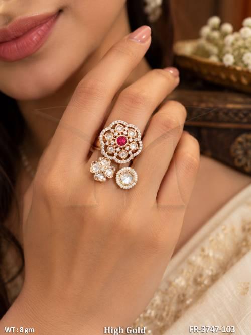 High Gold Polish Kundan Stone Finger Ring