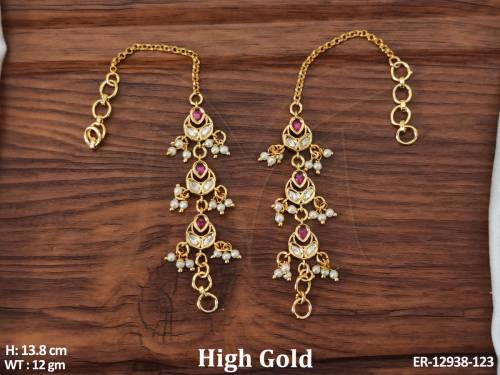 High Gold Polish Fancy Style Party wear Beautiful Kundan Jewellery Kaan Chain Earring