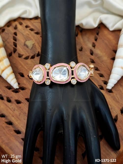 Elegant High Gold Kada with White Kundan Stones 