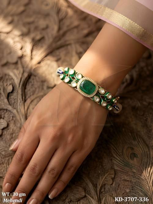 Traditional Mehendi Polish Kundan Open Kada with Polki Stones