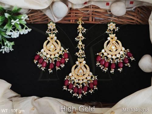 High Gold Polsih Clustered Pearl Fancy Style Party wear Beautiful Kundan Jewellery Maang Tikka with Earring — MT-1346-318